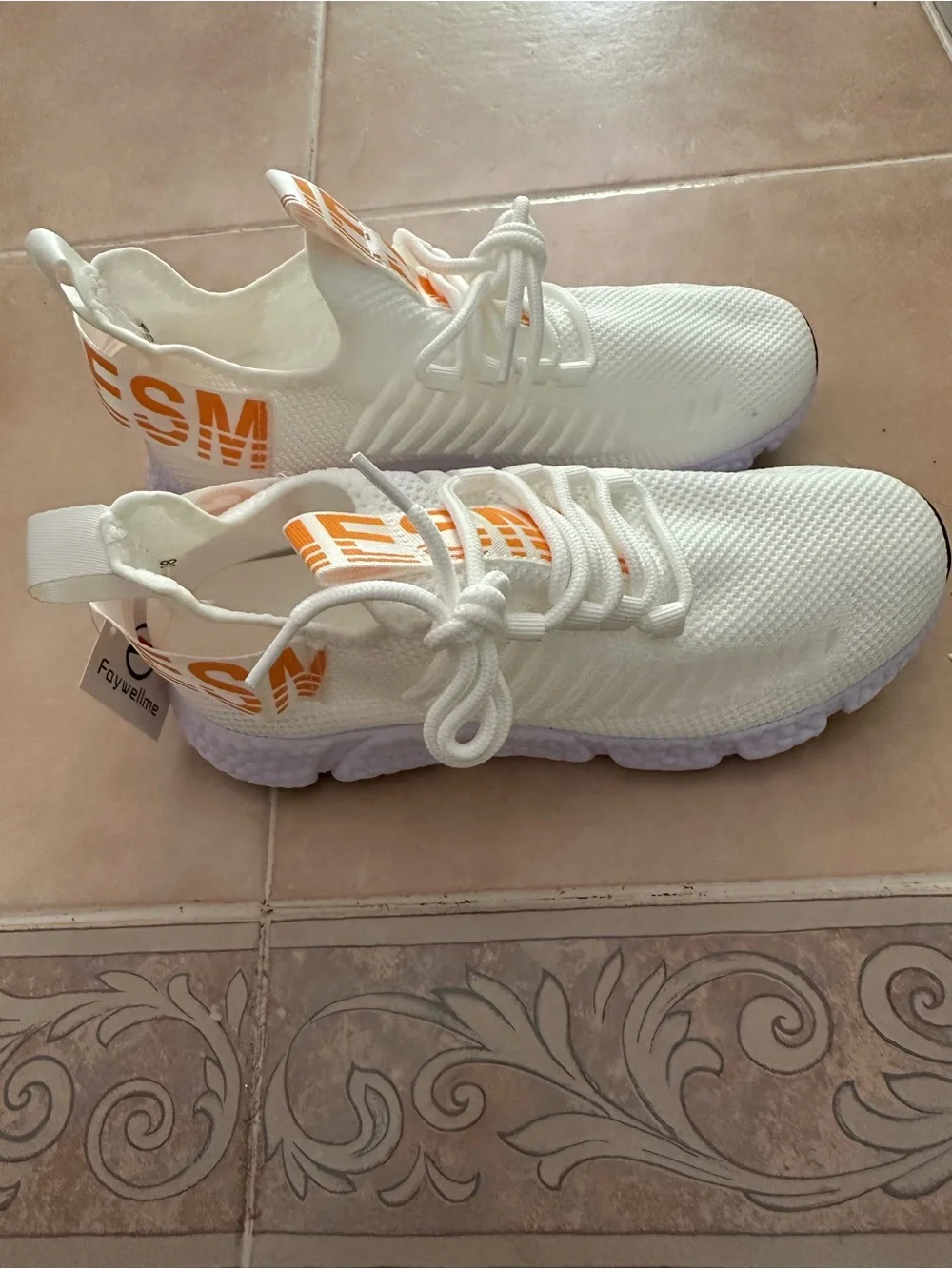 Faywellme White Knit Sneakers with Orange Text Accents